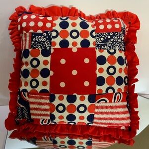 Vintage Red and Blue Patchwork Throw Pillow Ruffled Edge